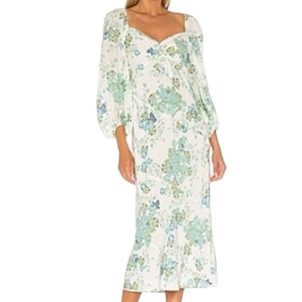 For Love & Lemons Goldie Blue Floral Puff Sleeve Midi Dress XS
